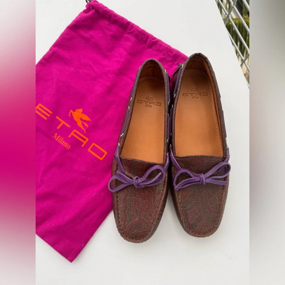 ETRO Brown Paisley Print Bow Slip On Loafers Size US 6.5 - Picture 1 of 6